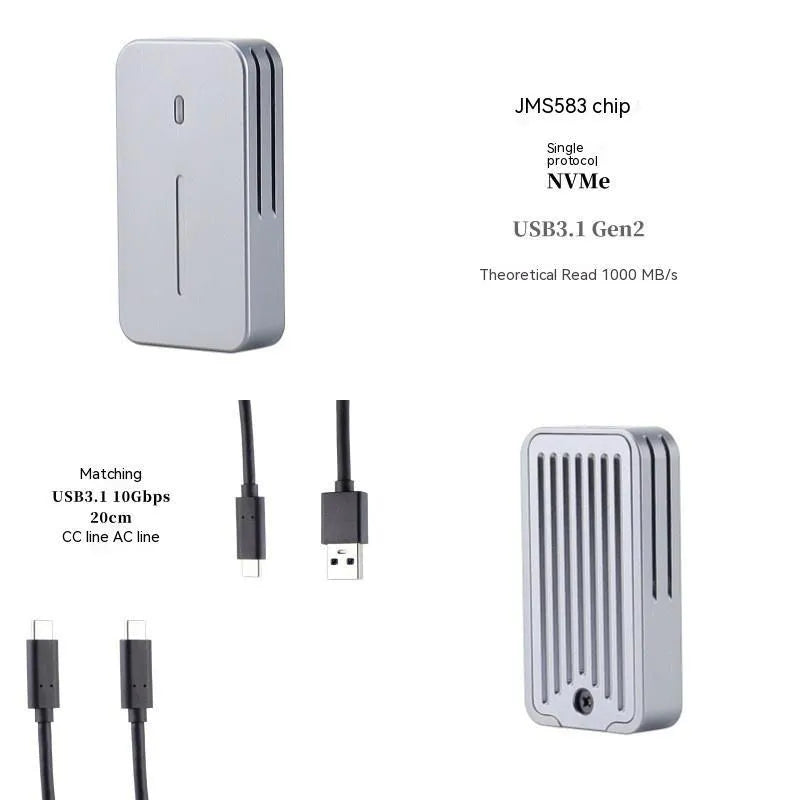 Aluminium M.2 NVMe SSD enclosure with USB-C cable, showing compact metal construction.