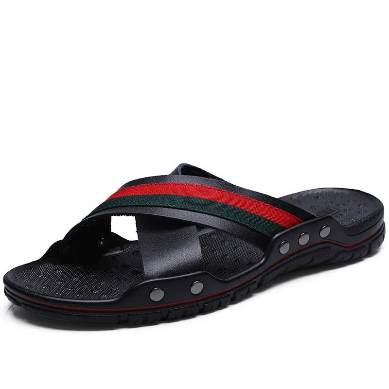 Men's cowhide flip-flops with non-slip PU sole in white, blue, and black colour options.