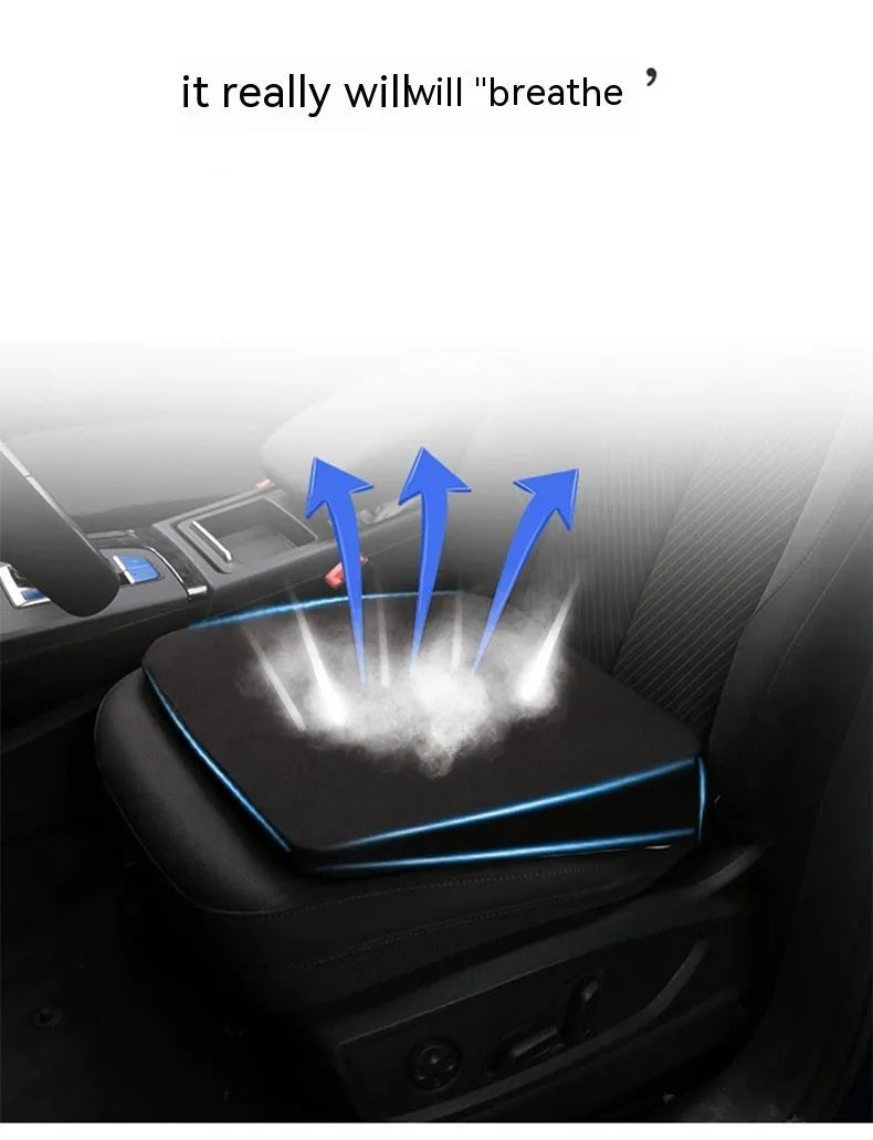 Black thick car seat cushion measuring 42cm by 39cm by 6cm for height and posture support.