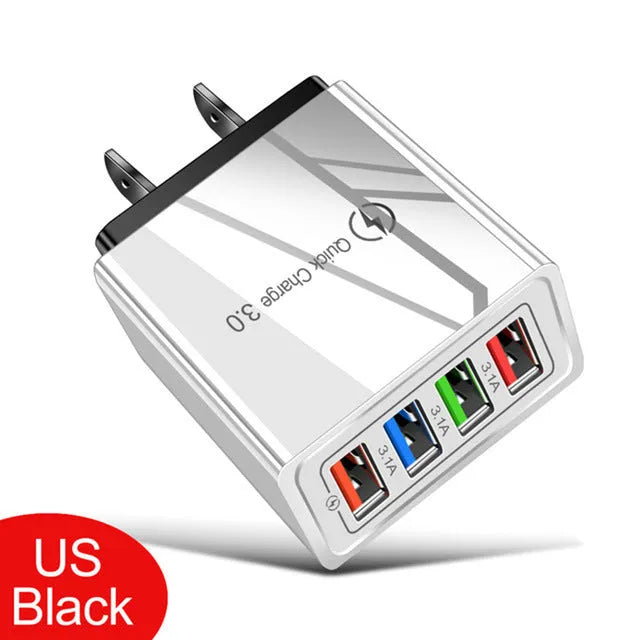Intelligent 3A mobile phone charging head with luminous indicators showing four USB ports
