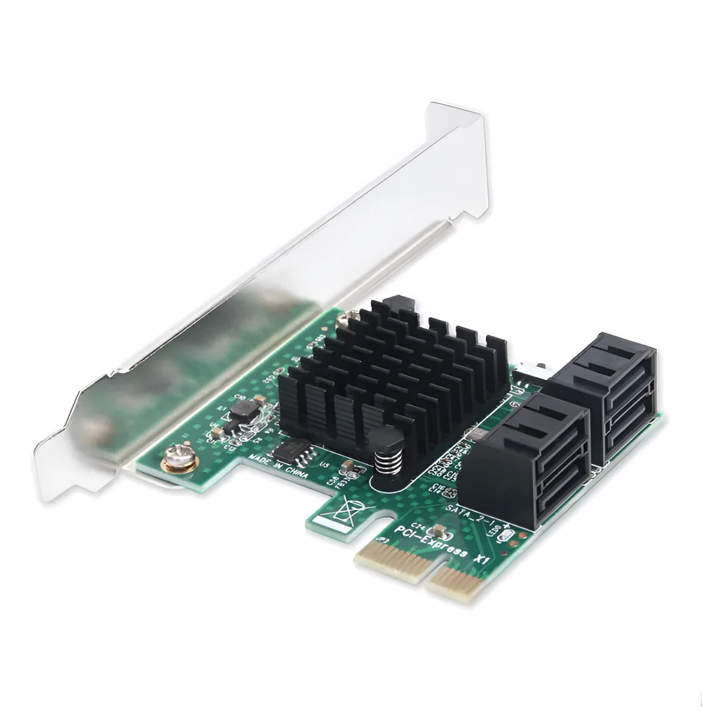 PCIe to SATA3.0 extension card with four SATA3.0 ports, PCIe x1 interface, green finish, and 2U baffle.