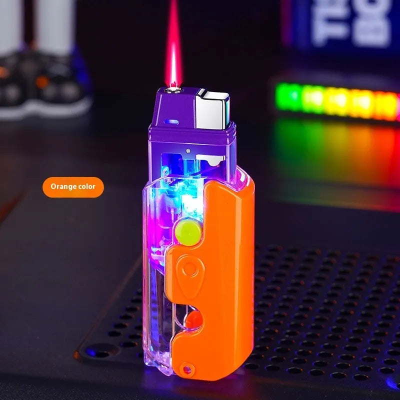 Colourful plastic lighter in orange, purple or green with wind-resistant design