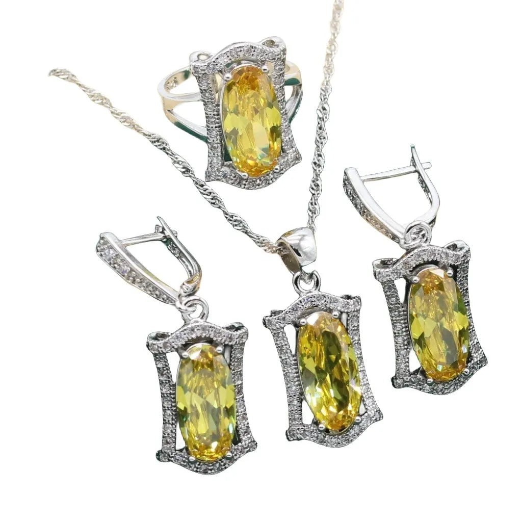 Anti-allergy zircon jewellery set with necklace, earrings, ring and bracelet in olive or yellow colours