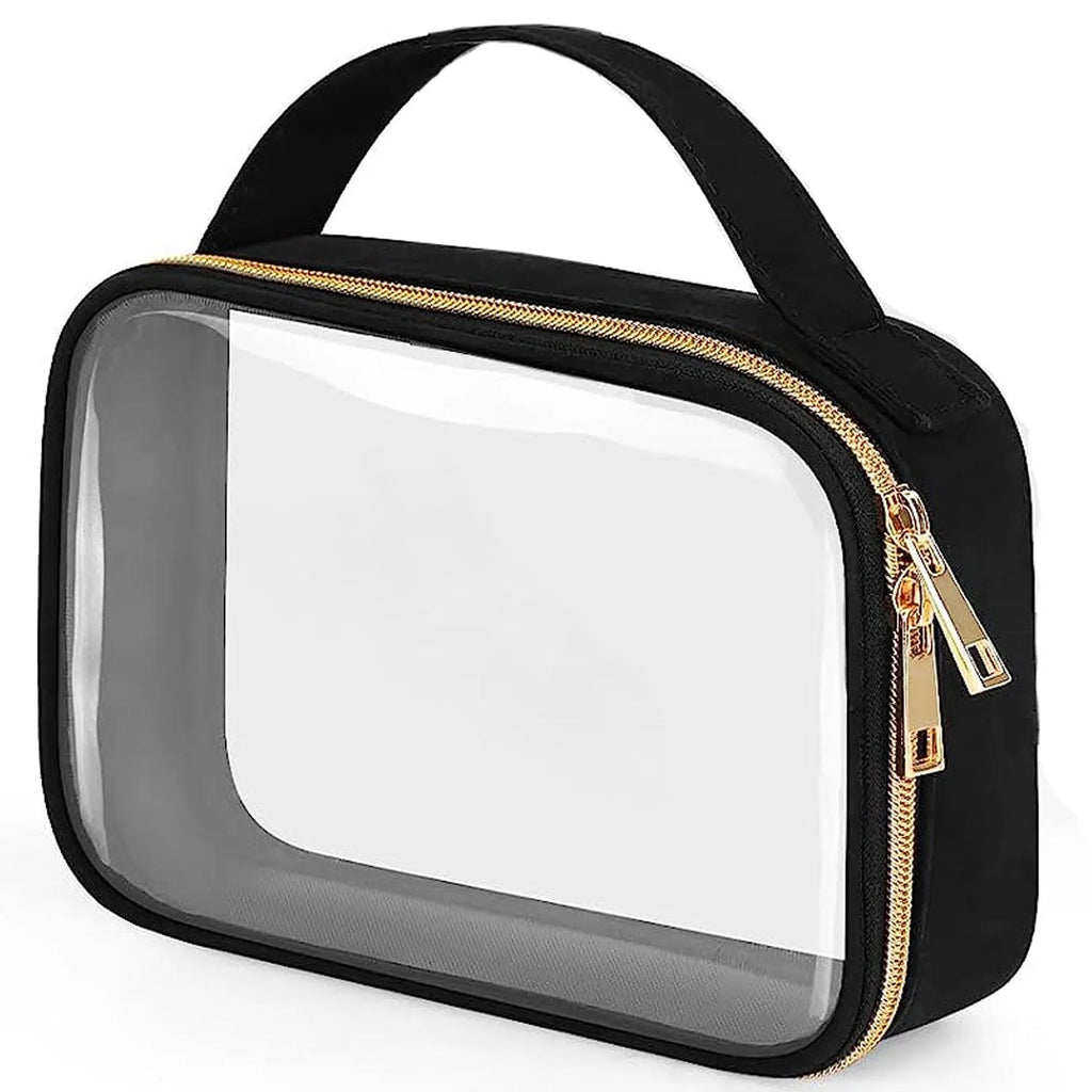 Transparent PVC lipstick storage bag with a metal chain handle, shown in multiple colour options.