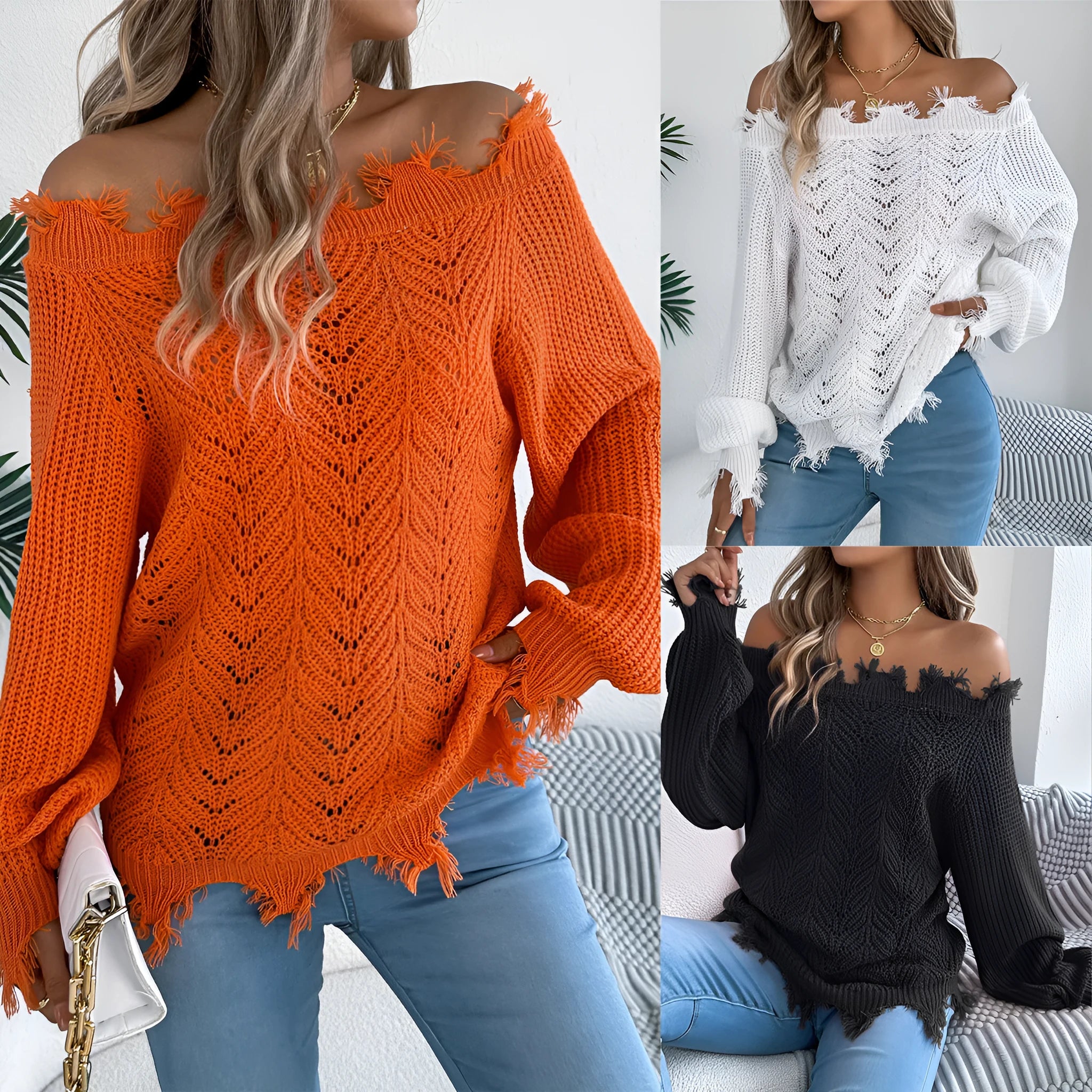 Women's white hollow-out knit pullover sweater with an off-the-shoulder neckline