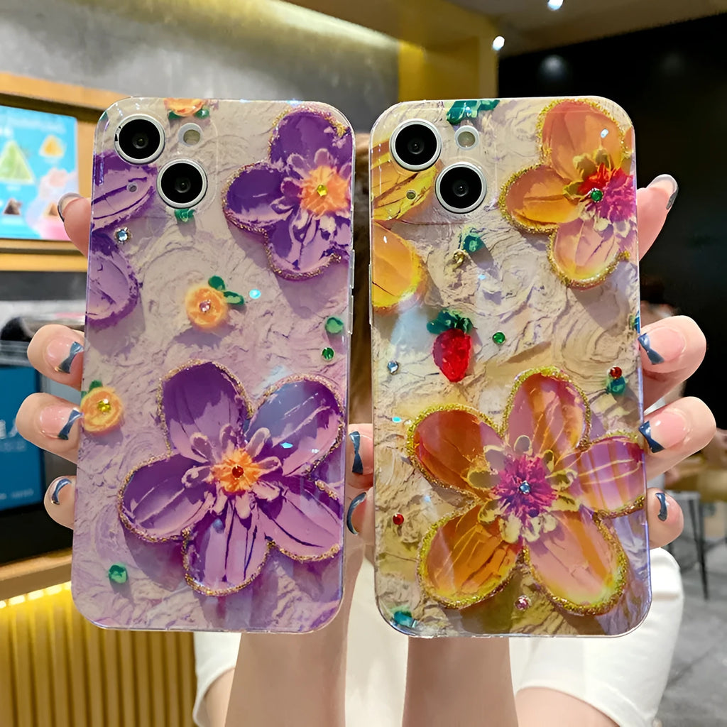 Purple and yellow soft silicone phone cases with an inlaid oil painting flower and diamond drop glue design.