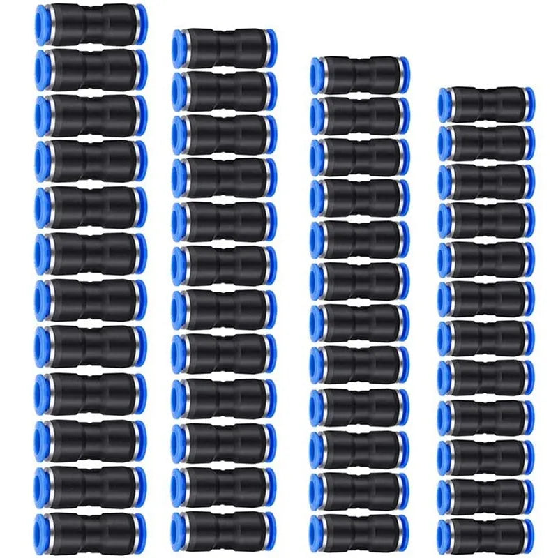 Blue pneumatic quick connector for straight through PU tubing connections in multiple sizes