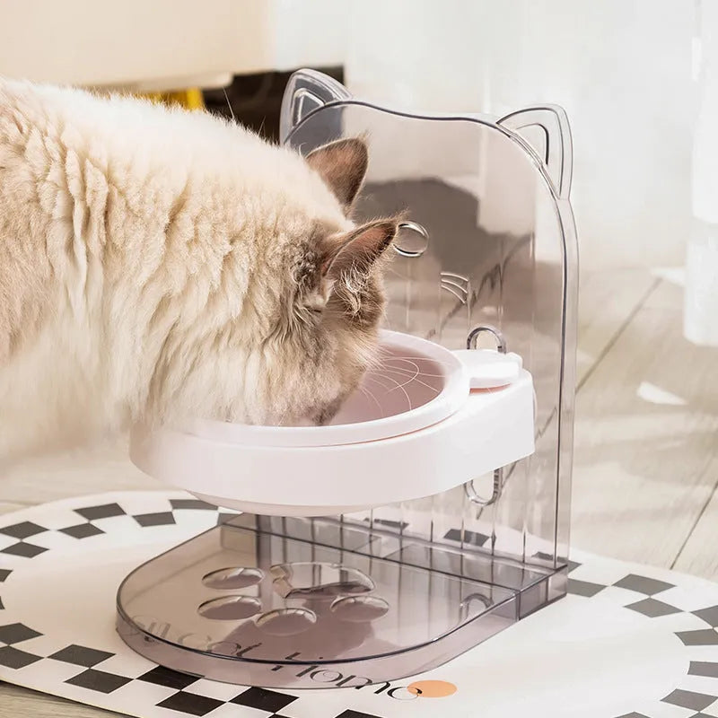 Grey adjustable height cat feeding bowl with anti-spill edges and removable design