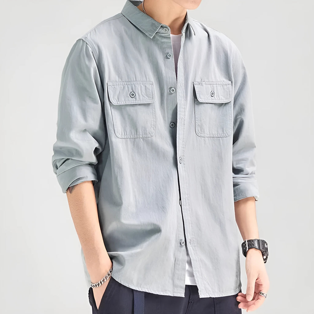 Men's loose fit long sleeve polyester shirt in cardigan style available in four colours