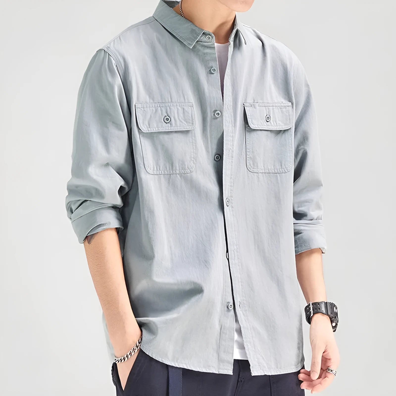 Men's loose fit long sleeve polyester shirt in cardigan style available in four colours
