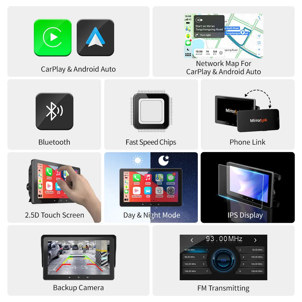 7-inch universal wireless CarPlay display for cars with suction cup mount and cigarette lighter cable.