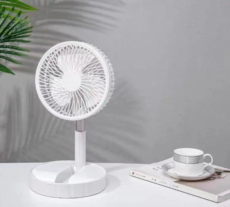 Black portable telescopic folding fan extended to full height showing oscillation function and power bank port