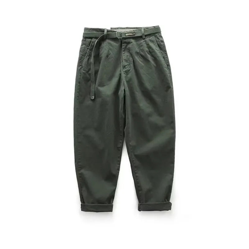 Men's Japanese leisure overalls straight loose fit cotton blend trousers in khaki with belt