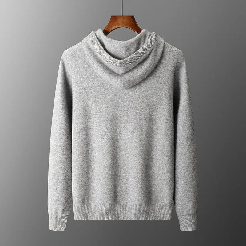 Men's light grey cashmere knitted hoodie and matching long pants casual set laid flat.