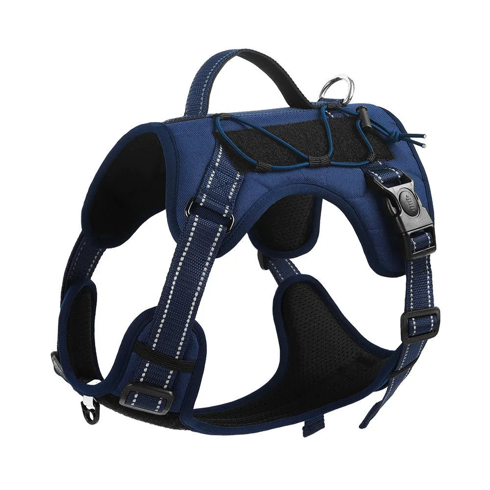Orange reflective dog harness with explosion-proof design and a black hand-holding rope attached.