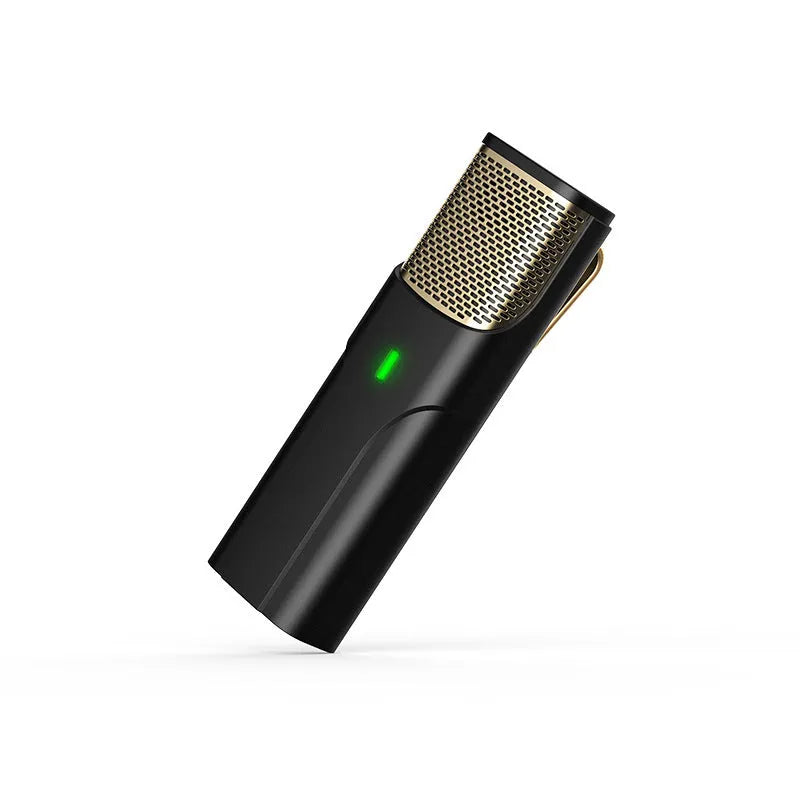 Black wireless lavalier microphone with compact plastic and metal housing for mobile recording