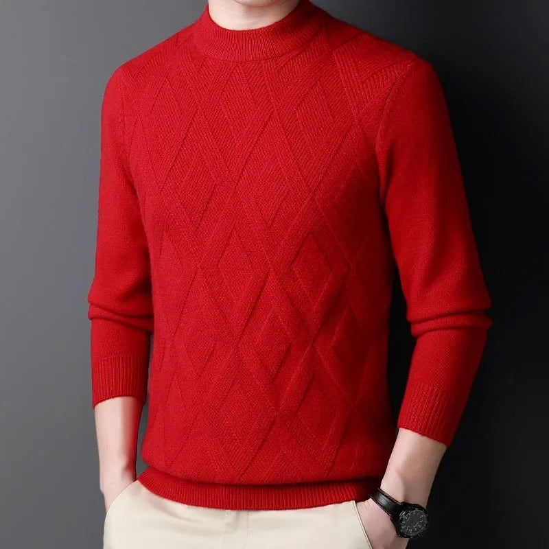 Men's thick diamond jacquard winter sweater in light camel colour, pullover style