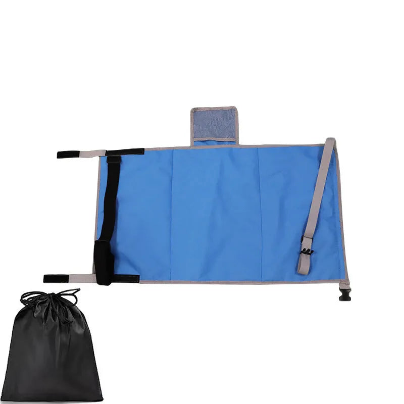 Portable children's aircraft seat extender in blue with adjustable bundle pocket