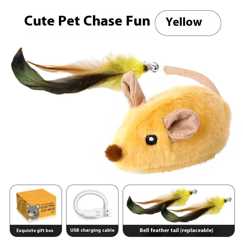 Intelligent charging simulation electric mouse cat teaser toy in grey with double tail decoration