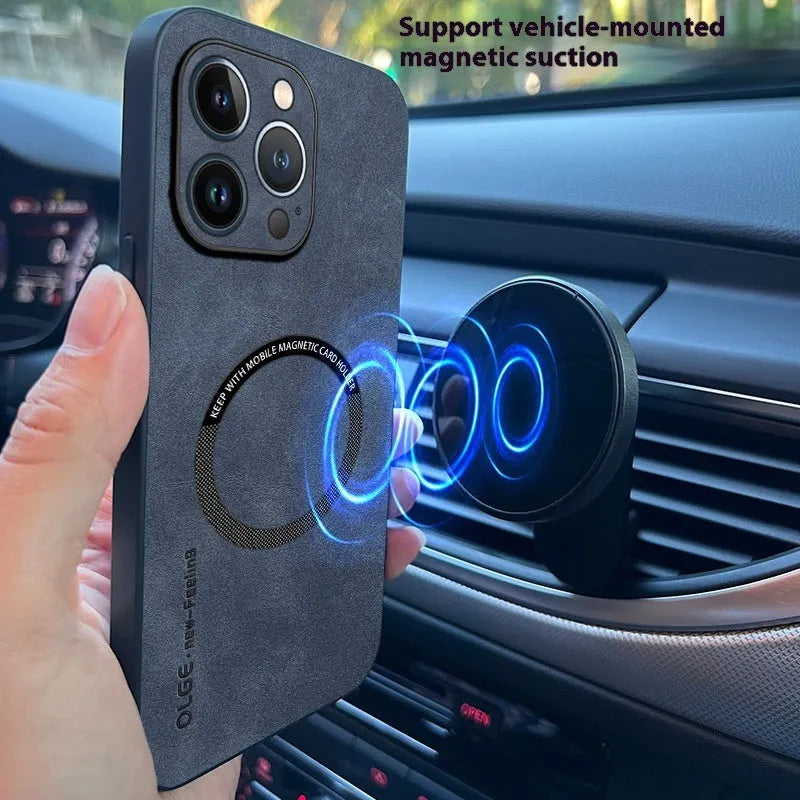 Magnetic sheepskin iPhone case in Graphite Black with built-in magnetic ring and all-inclusive drop-resistant PC shell
