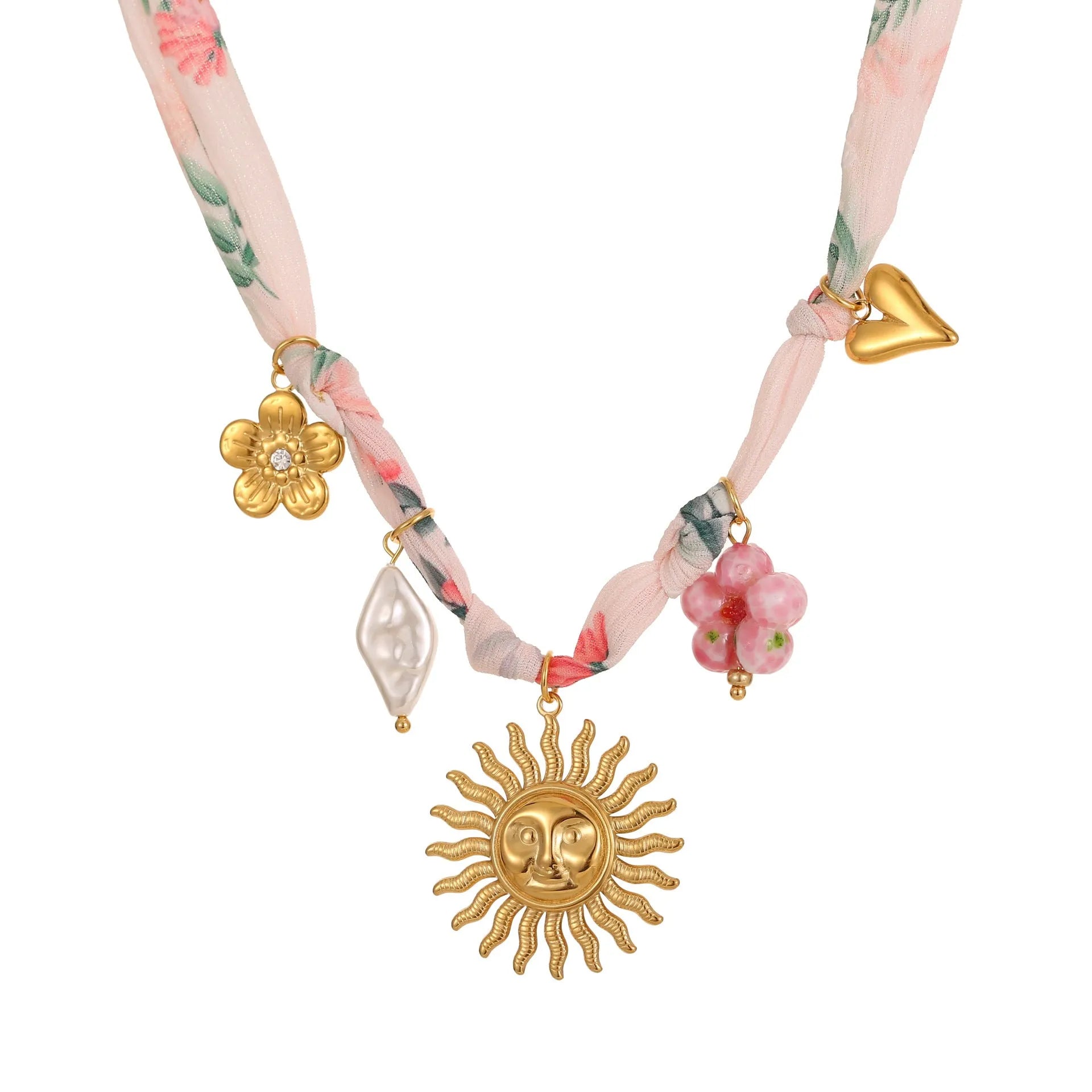 Stainless steel necklace with geometric sun pendant and 18K gold electroplated finish
