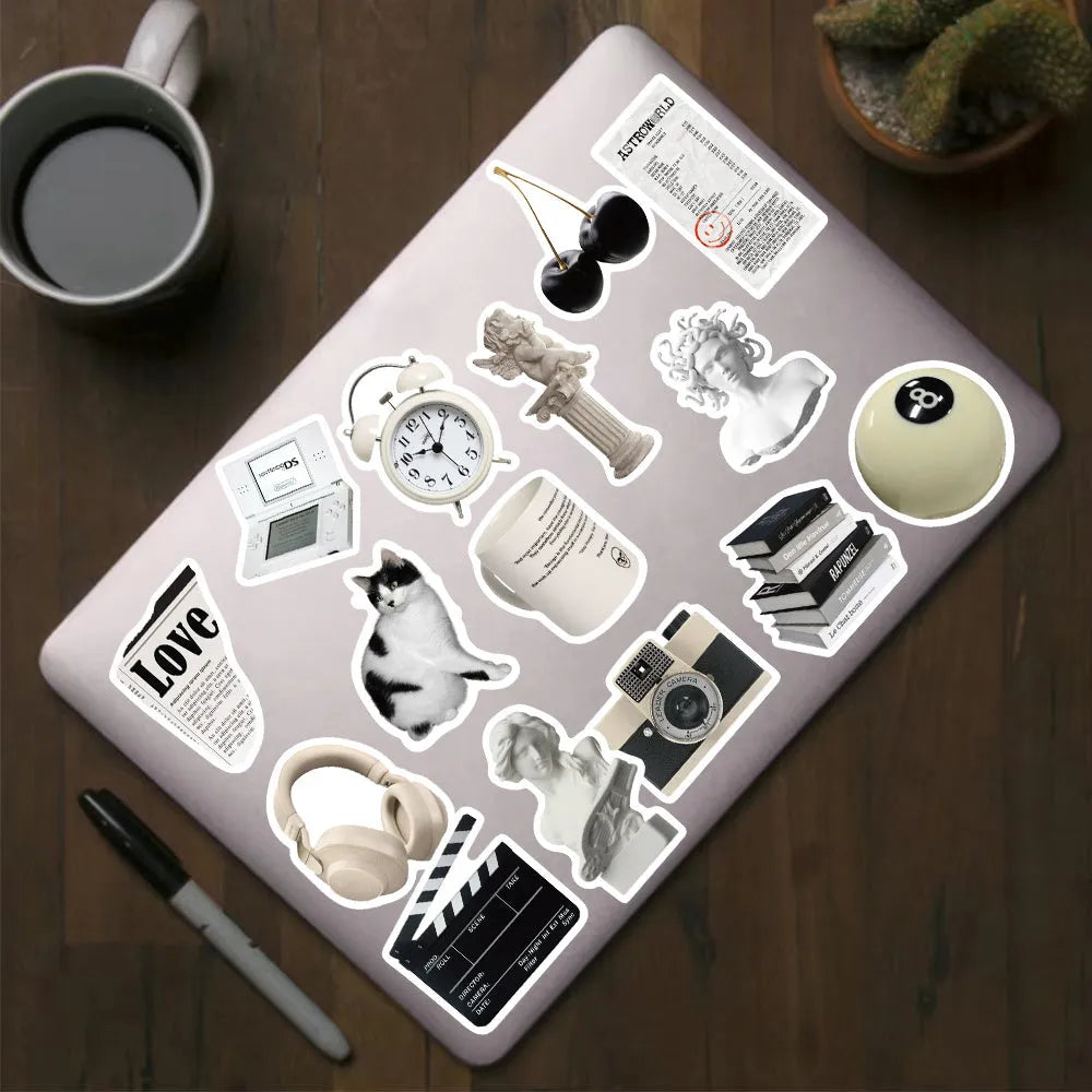 61 black and white simple style PVC vinyl stickers for laptops and phones.