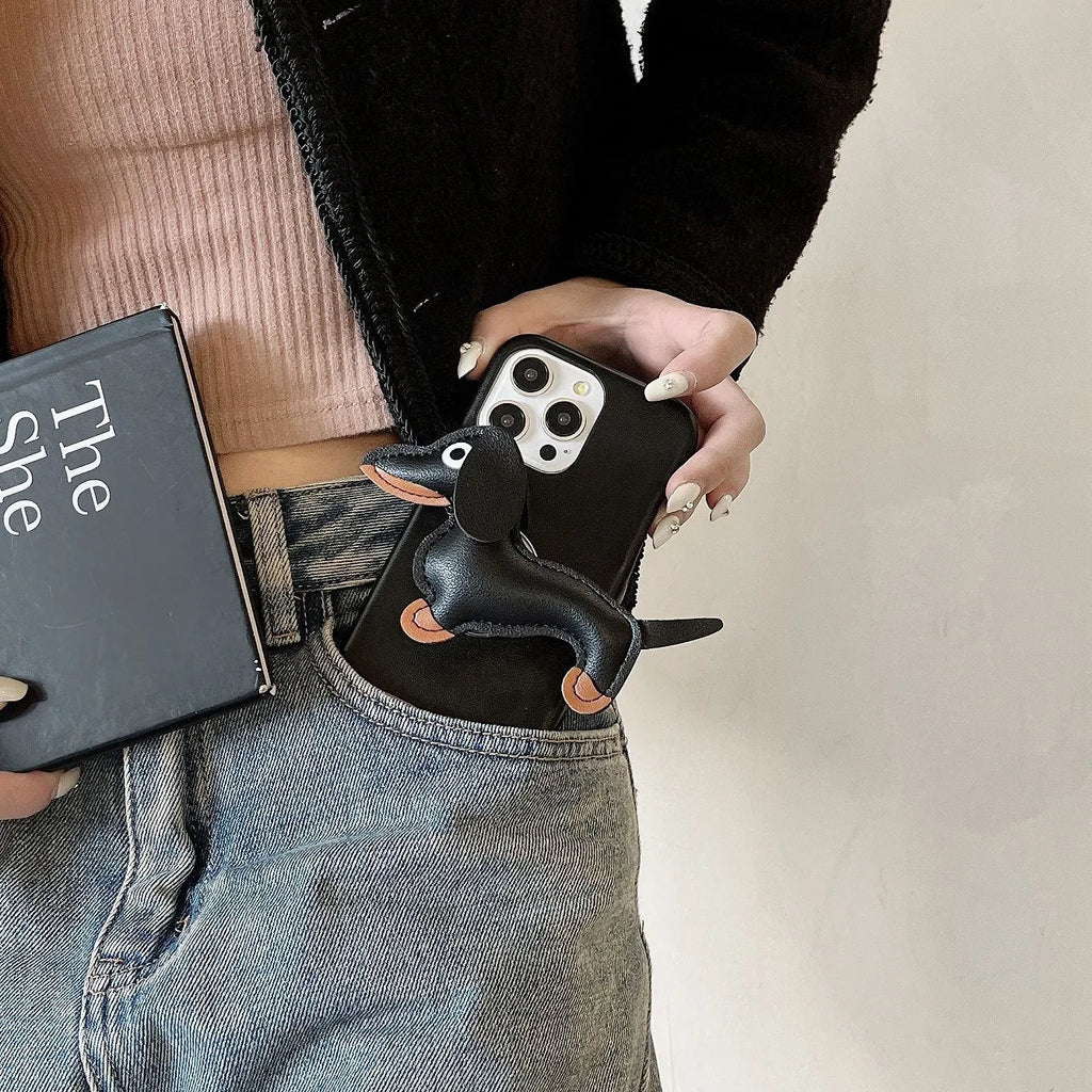 Sausage dog bracket phone case with imitation leather finish in black shell, compatible with iPhone models