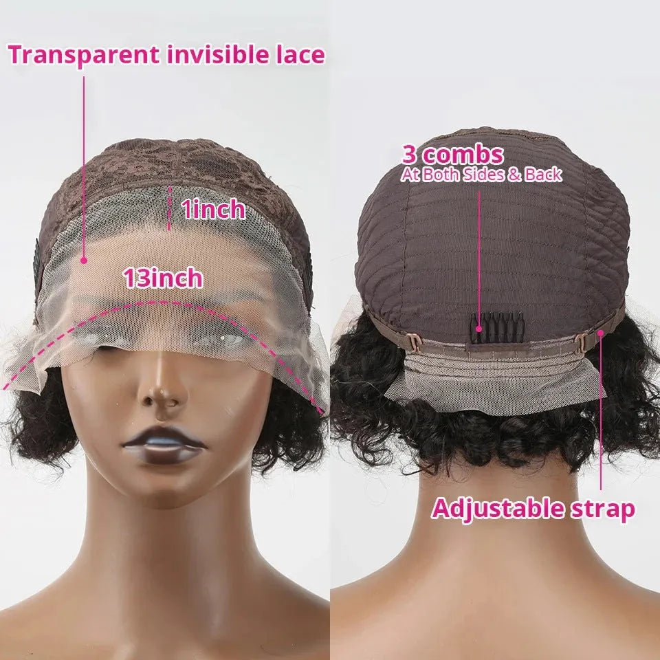 Black human hair pixie cut wig with a transparent 13x1 lace front, displayed on a wig stand.