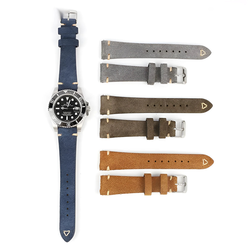 Genuine suede leather watch strap in brown, blue, grey, or army green for 20mm or 22mm watches.