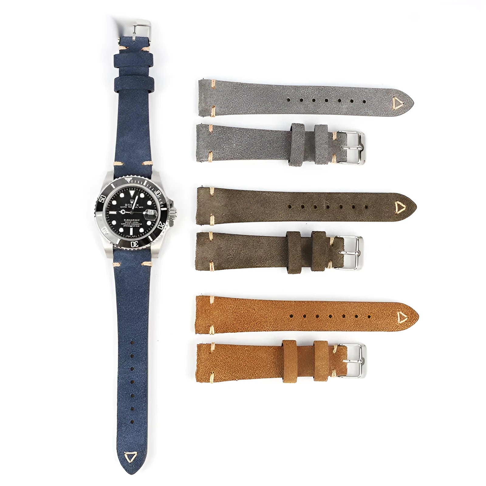 Genuine suede leather watch strap in brown, blue, grey, or army green for 20mm or 22mm watches.