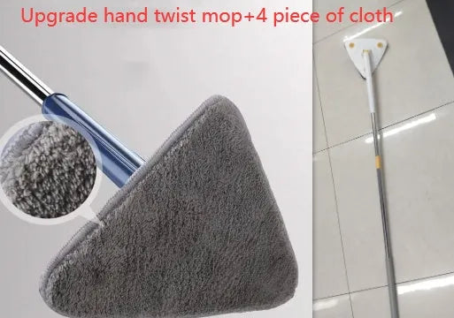 Blue and white extendable triangle cleaning mop with a rotating head on a long stainless steel pole.