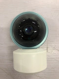 White indoor WiFi security camera with 360-degree rotation on stand showing 2MP resolution and optional memory card storage