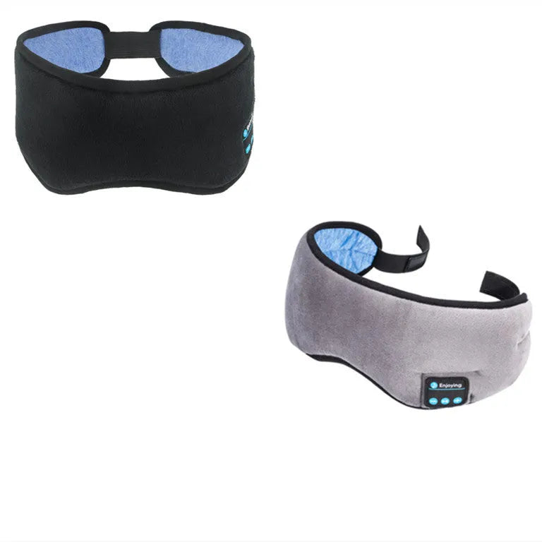 Black Bluetooth sleep mask headphones showing soft eye mask with integrated flat earphones and adjustable strap.