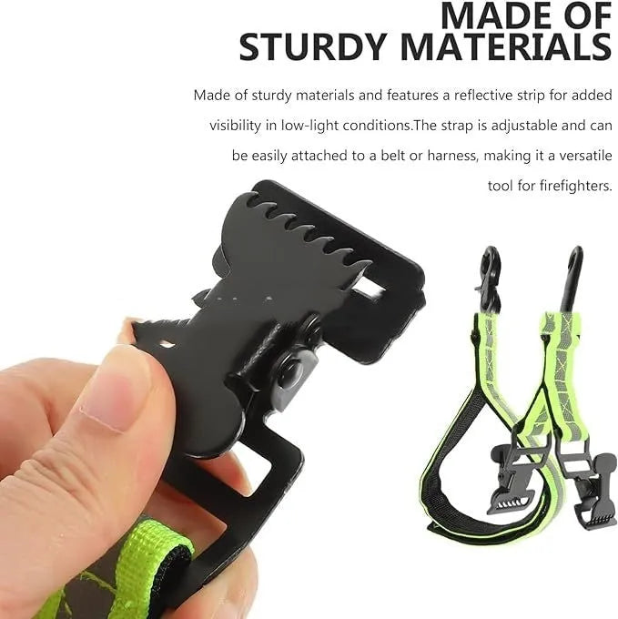 Fluorescent green metal safety clip for securing work gloves on a belt.