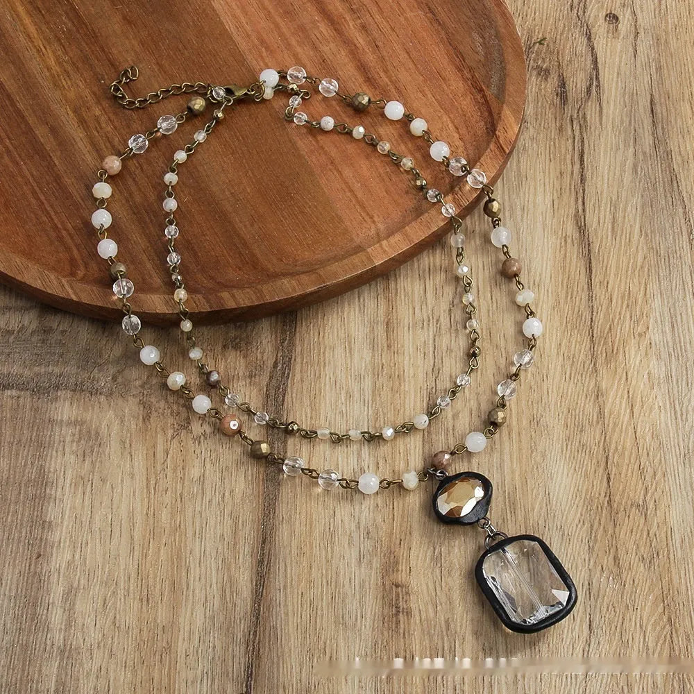 Tribal style necklace with two-layer stone and glass pendant on adjustable alloy chain
