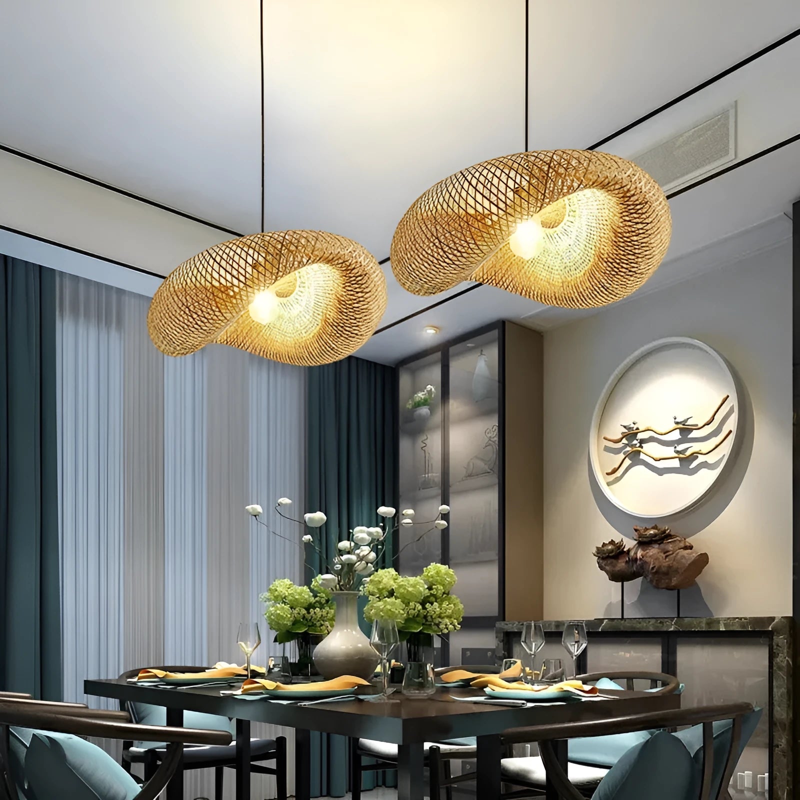 Woven bamboo straw hat-shaped hanging lamp chandelier in natural material showing textured ceiling pendant light fixture