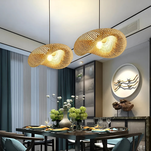 Woven bamboo straw hat-shaped hanging lamp chandelier in natural material showing textured ceiling pendant light fixture