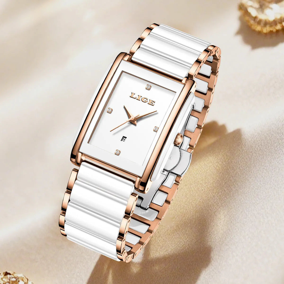 Fashion ceramic stainless steel couple quartz watch in rose gold black with antique style