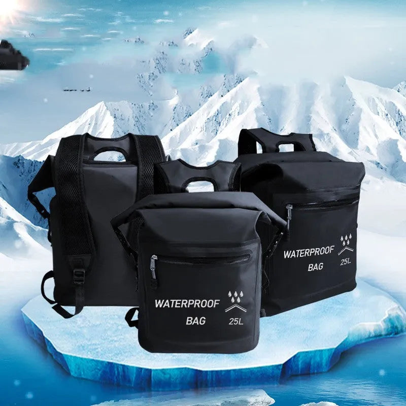 Black 25-litre waterproof outdoor backpack with a mesh clip for water sports.