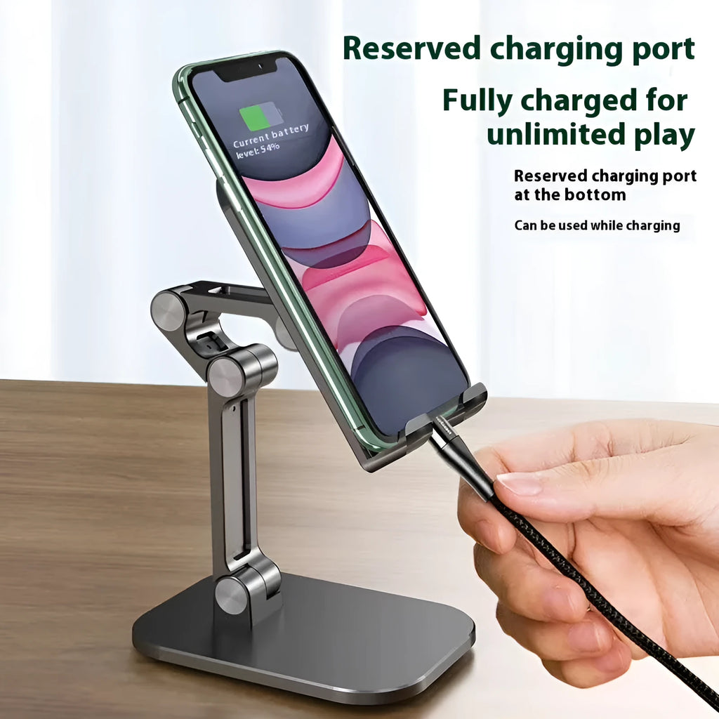 Metal folding phone holder for tablet desktop or car use with adjustable clip in black