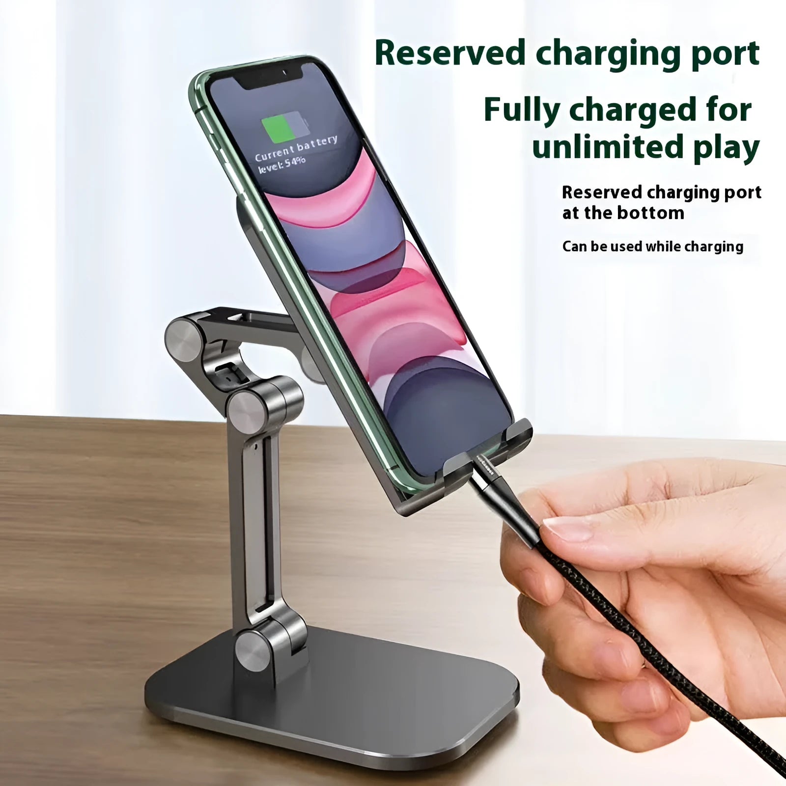 Metal folding phone holder for tablet desktop or car use with adjustable clip in black