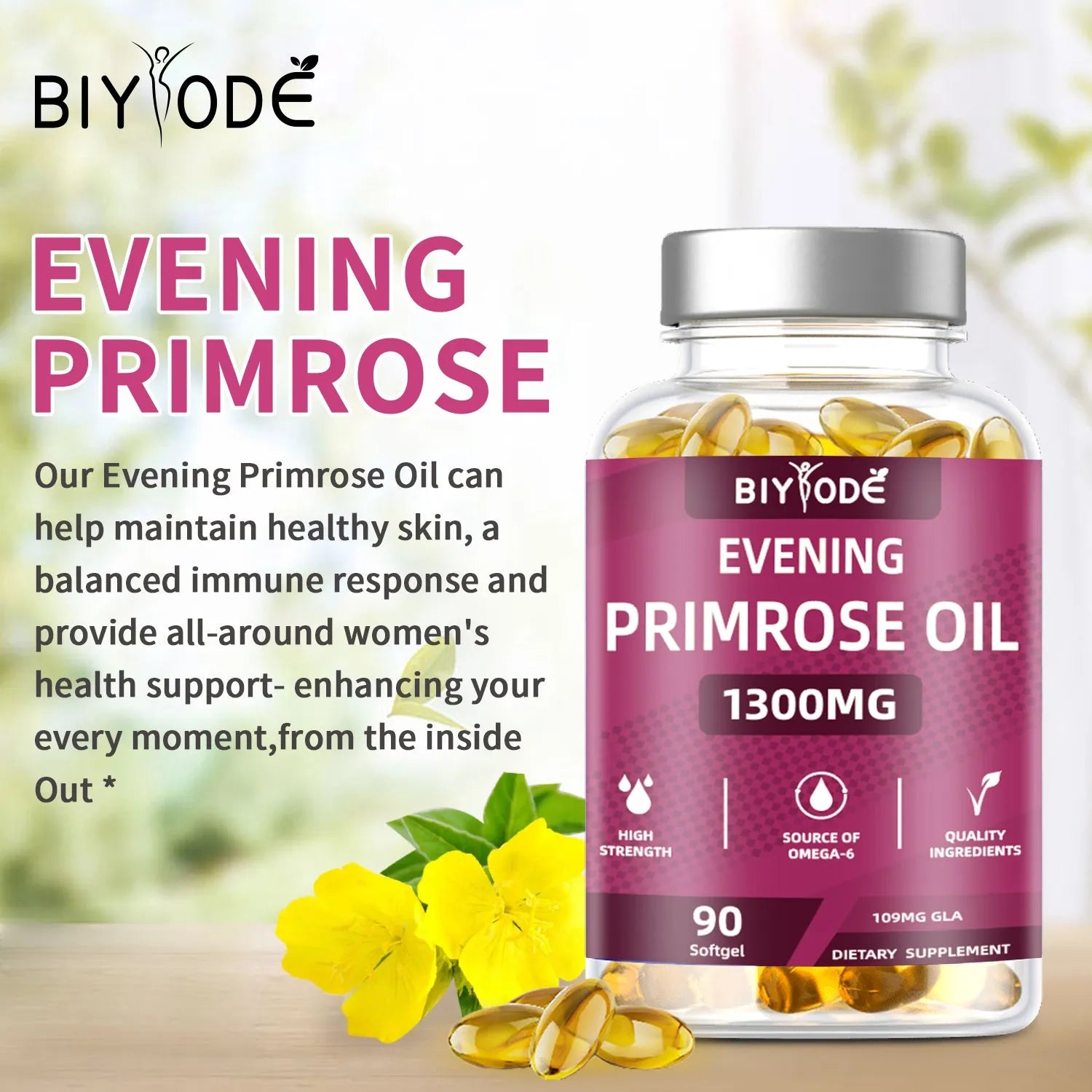 Evening primrose oil herbal soft capsules bottle with 90 capsules for women's health supplement