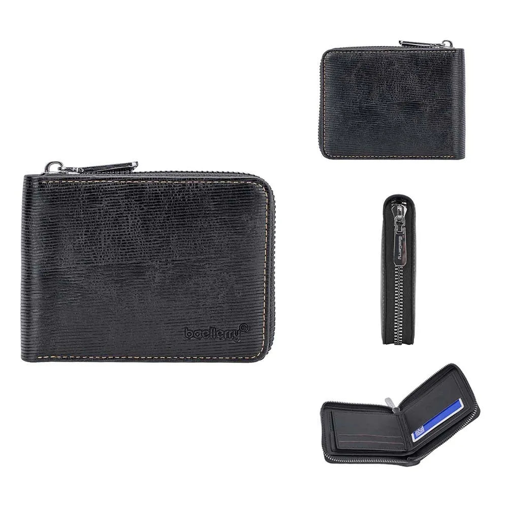 Leather anti-theft credit card zipper wallet with embossed design in black and brown colour options
