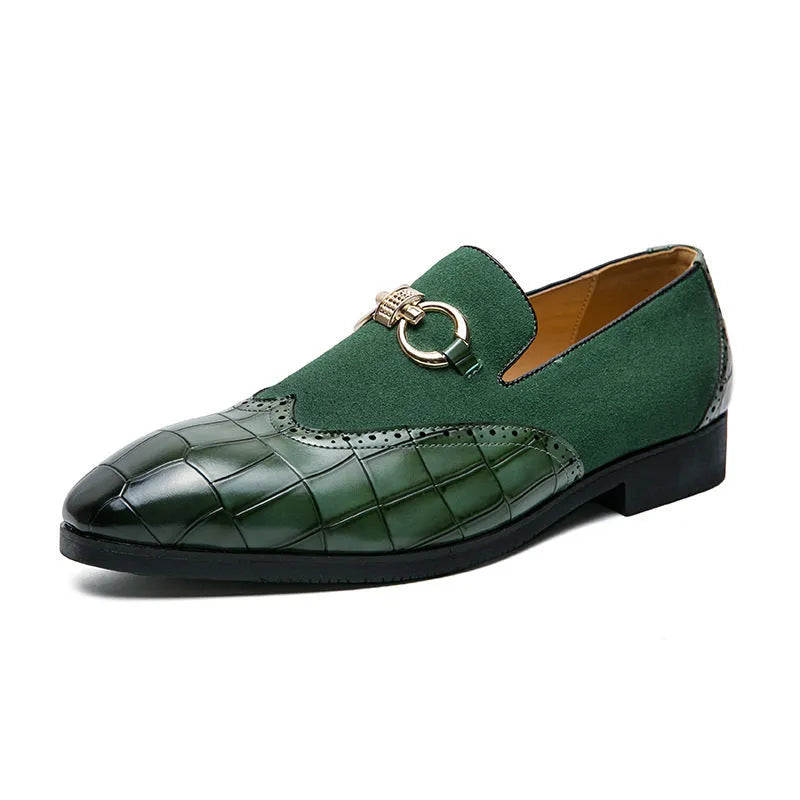 Korean style men's pointed toe leather shoes in black or green with a low top and rubber sole.
