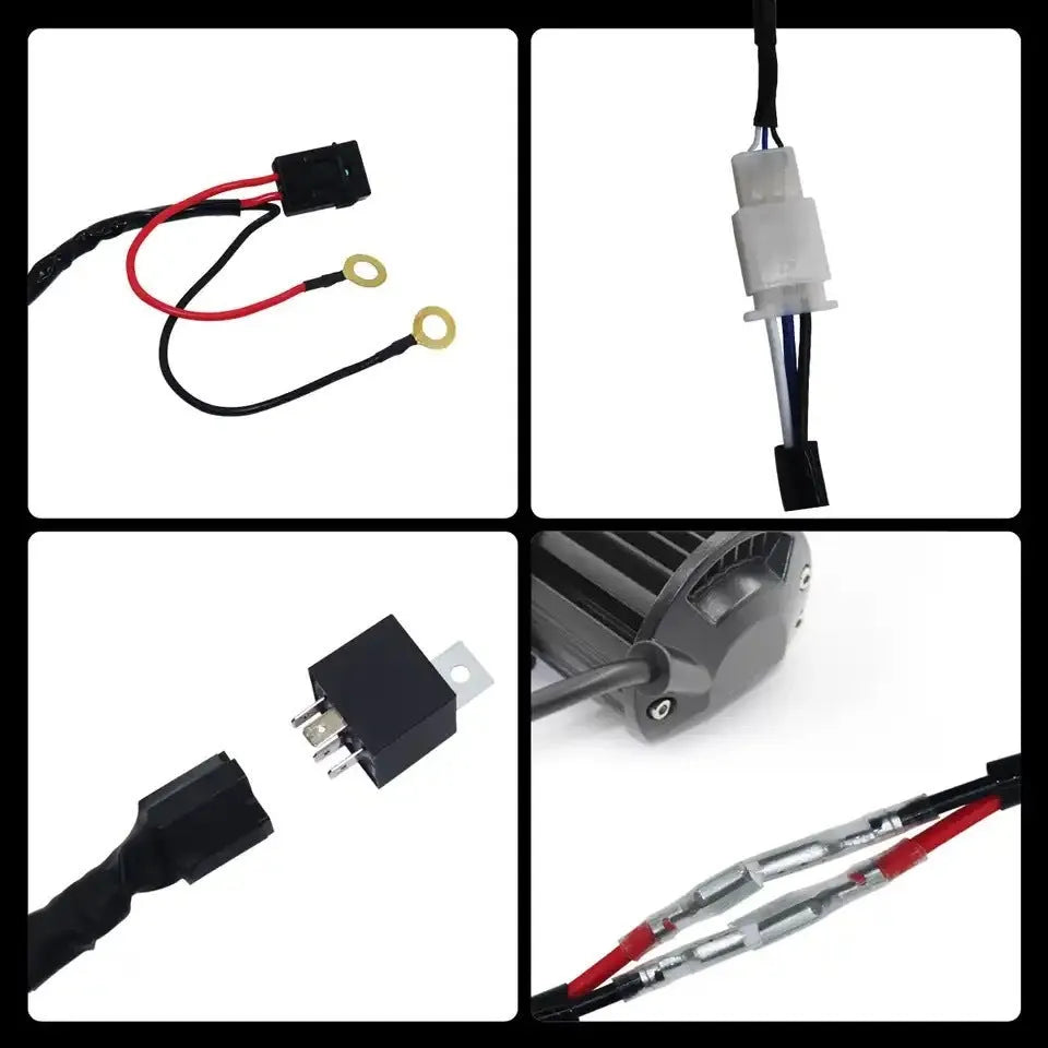 LED work light wiring harness with 2m silicone cable and one-to-two connectors for vehicle spotlights