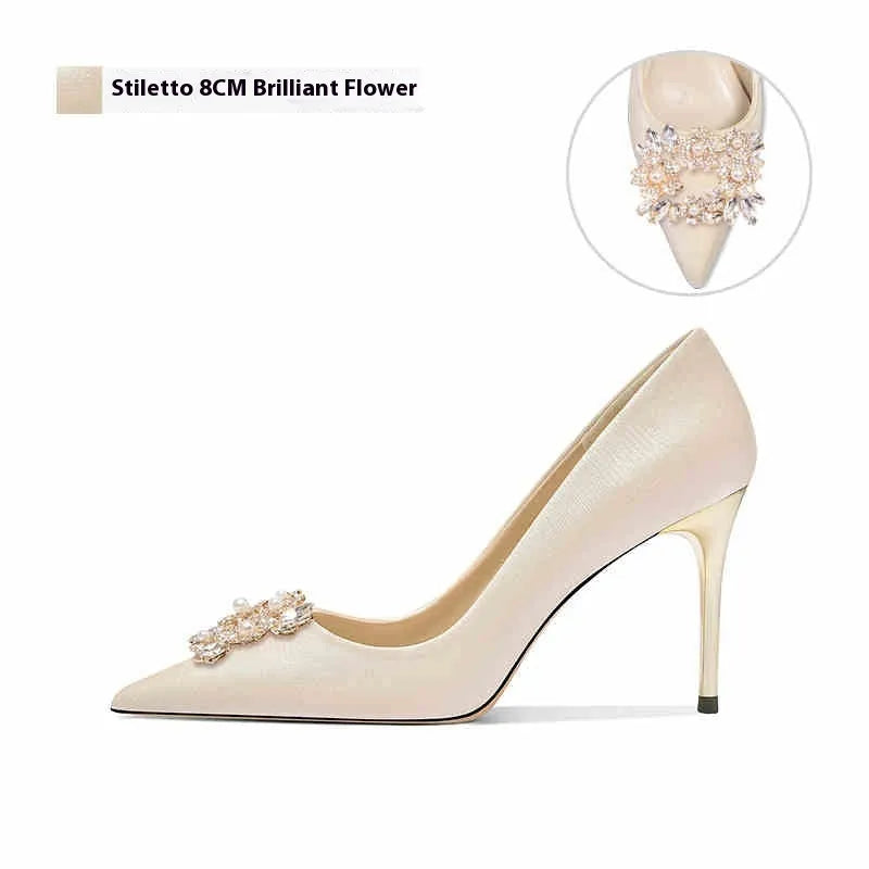 French crystal bridal high heel pumps with rhinestones, pointed toe, and choice of stiletto or cat heel.
