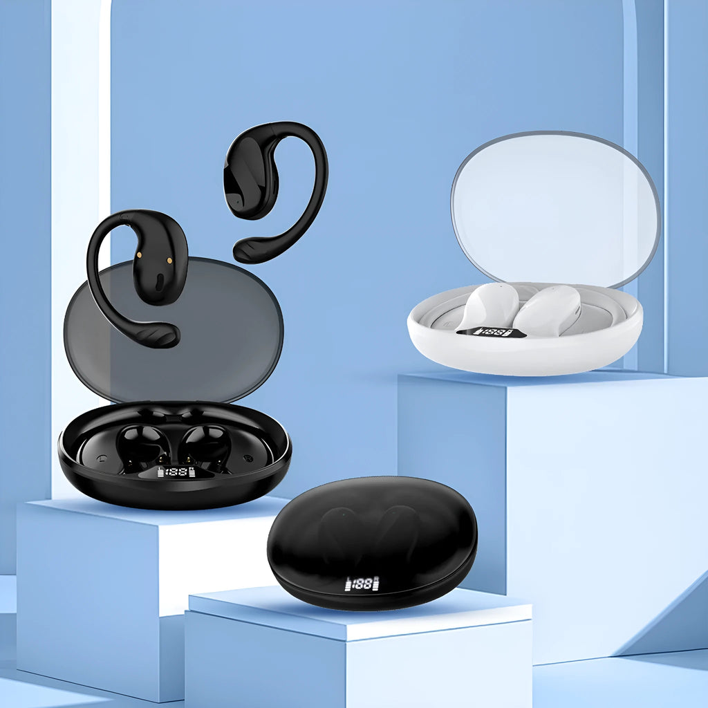 Wireless Bluetooth ear hook headset with digital display, ABS body, white colour, simple design