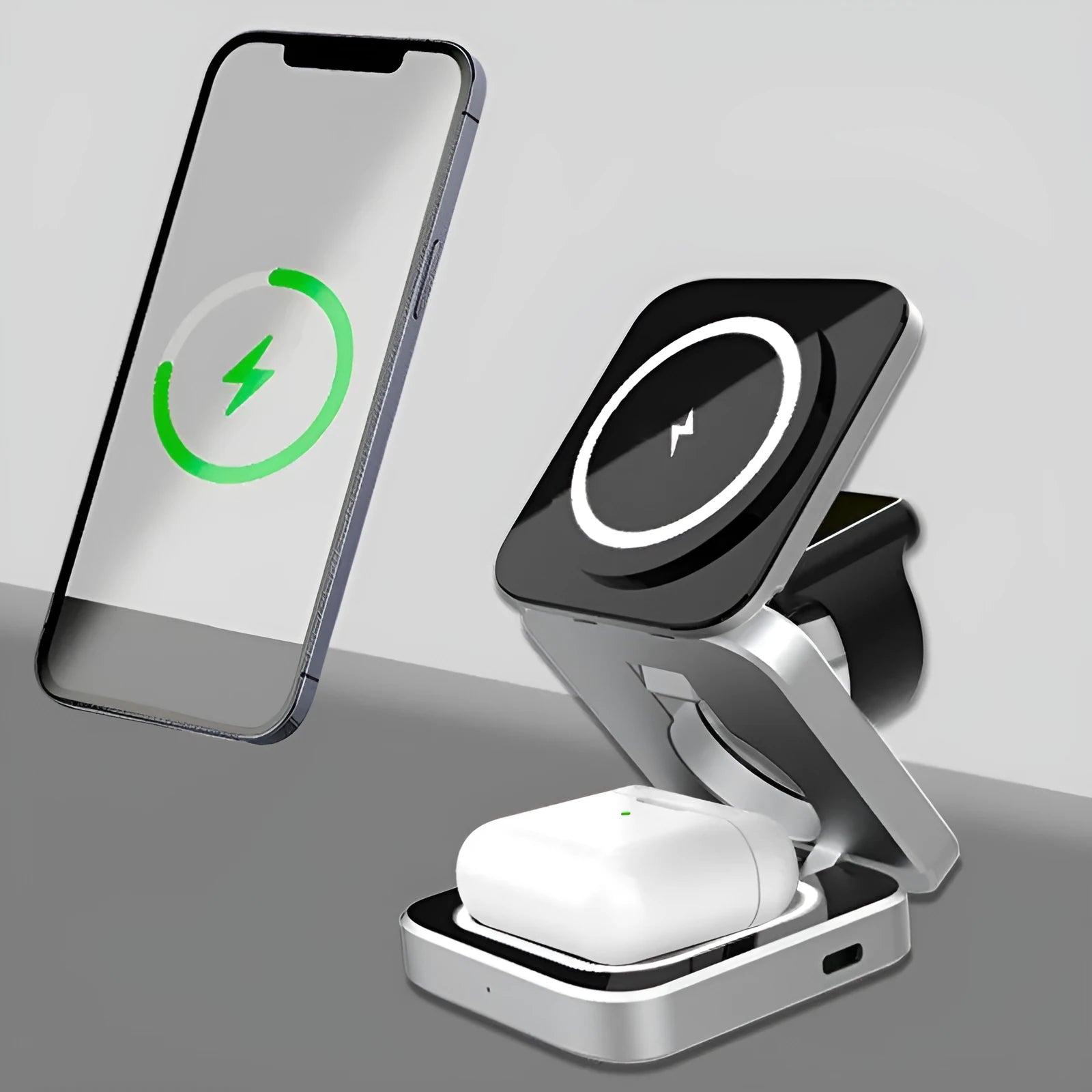 Foldable three-in-one desktop wireless charging bracket with magnetic ring