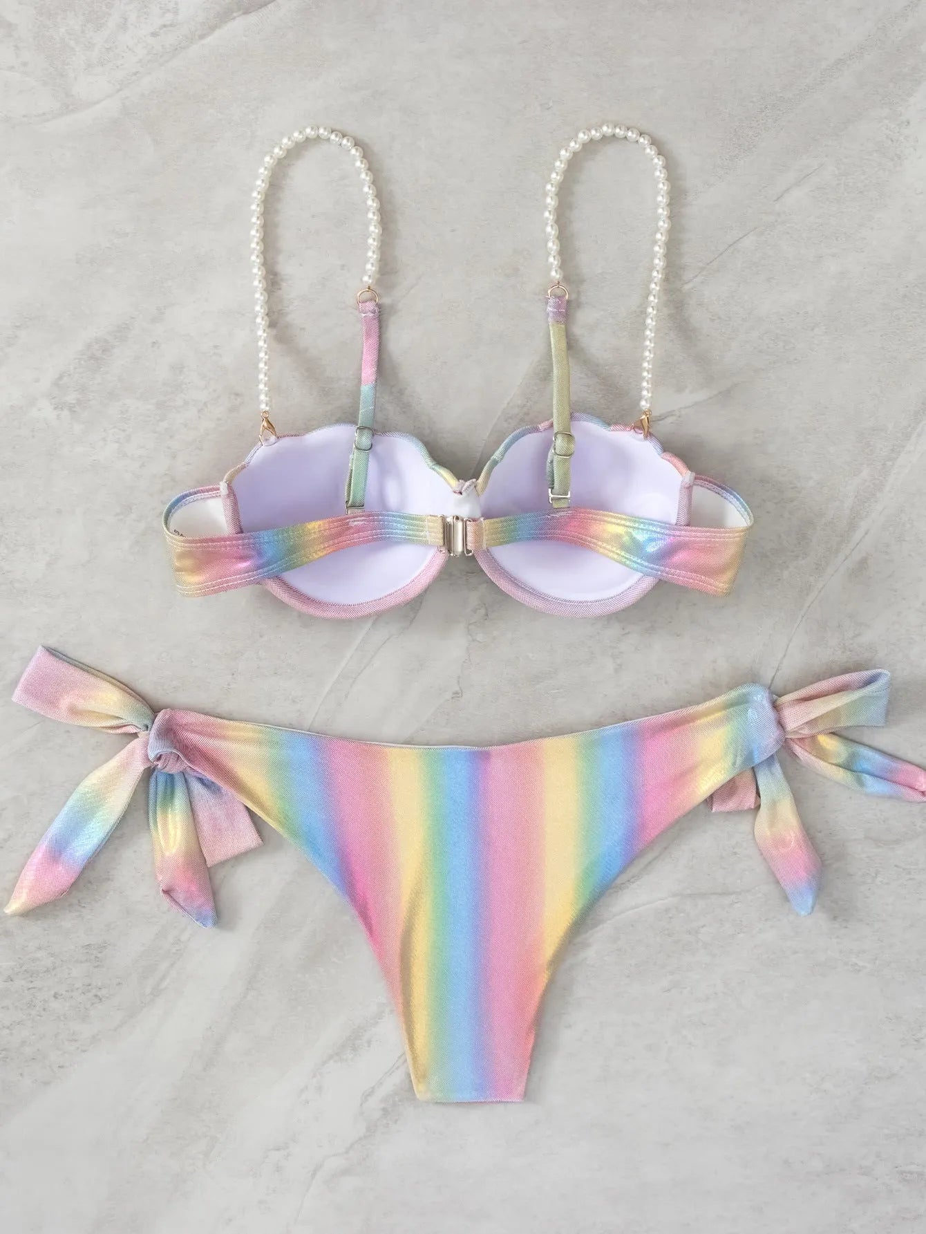 Women's rainbow shell coloured split bikini with tied design for swimming sports