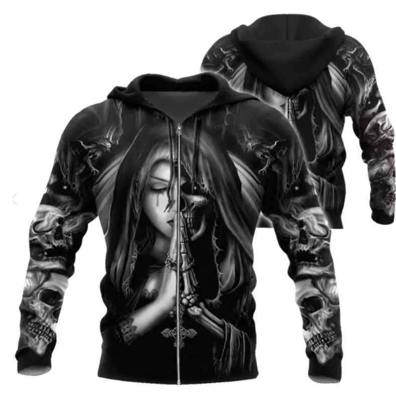 Black hooded sweatshirt featuring a large white 3D printed anime-style skull graphic on the front.